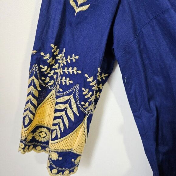 LIKE NEW UMGEE ELECTRIC BLUE SPLIT V NECK EMBROIDERED SLEEVES SHORT DRESS L - Picture 5 of 13